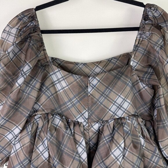Selkie The Plaid Puff Dress Brown Black Organza Babydoll Mini Size Medium - Picture 10 of 11